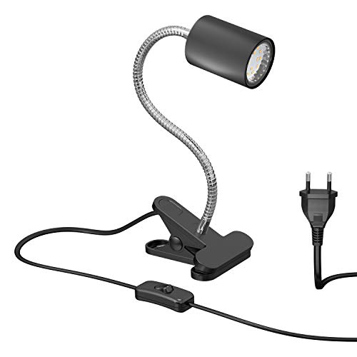 ledscom.de Klemmleuchte WAIKA mit Schwanenhals und Schalter schwarz matt, inkl. GU10 LED Lampe (warmweiß, 2,339W, 227lm, 110°) von ledscom.de