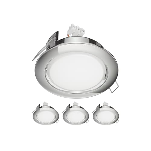 ledscom.de 4 Stück LED Einbaustrahler Zobe II flach GX53 chrom rund 6,164W weiß 3-Stufen Dimmen ohne Dimmer mit Lichtschalter 107mm Ø Lochkreis 90mm Ø von ledscom.de