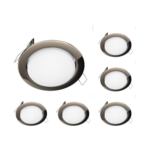 ledscom.de 6 Stück LED Einbaustrahler Zobe flach chrom-schwarz rund 6,194W 541lm warmweiß 3-Stufen Dimmen ohne Dimmer mit Lichtschalter 107mm Ø Lochkreis 90mm Ø von ledscom.de