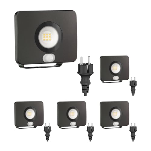 ledscom.de 5 Stück LED Gartenstrahler WEGA für außen, IP44, Bewegungsmelder, Stecker, schwarz, 11,9 W, 880lm, weiß, Bewegungsmelder von ledscom.de