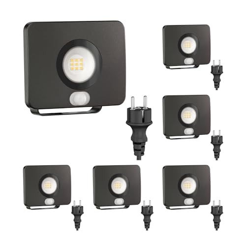ledscom.de 6 Stück LED Gartenstrahler WEGA für außen, IP44, Bewegungsmelder, Stecker, schwarz, 11,9 W, 880lm, weiß, Bewegungsmelder von ledscom.de