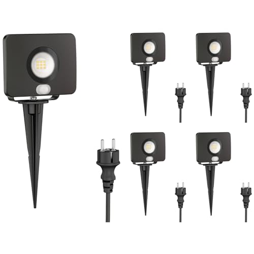 ledscom.de 5 Stück LED Gartenstrahler Wega mit Erdspieß für außen mit Bewegungsmelder, schwarz 11,32W 880lm weiß von ledscom.de