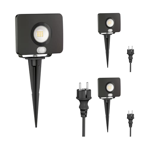 ledscom.de 3 Stück LED Gartenstrahler Wega mit Erdspieß für außen mit Bewegungsmelder, schwarz 11,32W 880lm weiß von ledscom.de