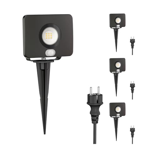 ledscom.de 4 Stück LED Gartenstrahler Wega mit Erdspieß für außen mit Bewegungsmelder, schwarz 10,837W 944lm warm-weiß von ledscom.de