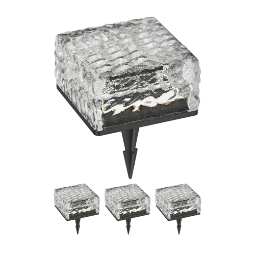 ledscom.de 4 Stück LED Solar-Pflasterstein Bodeneinbauleuchte BROSLO mit Erdspieß für außen, Glas, 10 x 10cm, warmweiß von ledscom.de