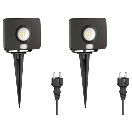 ledscom.de 2 Stück LED Gartenstrahler Wega mit Erdspieß für außen mit Bewegungsmelder, schwarz 10,837W 944lm warm-weiß von ledscom.de