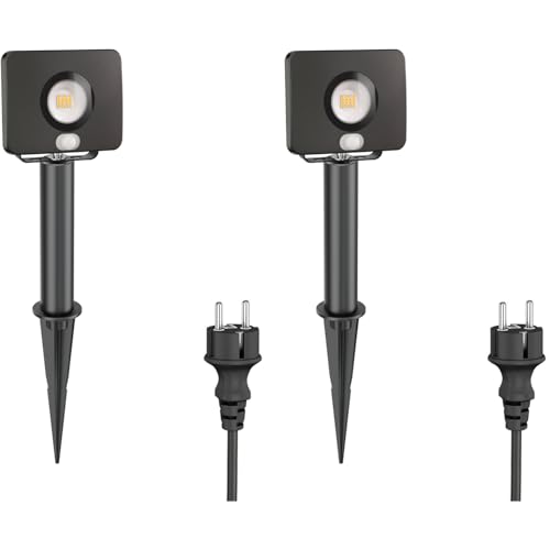 ledscom.de 2 Stück LED Gartenstrahler Wega mit Erdspieß und 15cm Sockel für außen mit Bewegungsmelder, schwarz, 11,32W, 880lm, weiß von ledscom.de