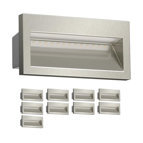 ledscom.de 10 Stück LED Wandeinbauleuchte NOLA, Downlight für außen, IP54, aluminium glänzend, 140 x 70mm, warmweiß von ledscom.de