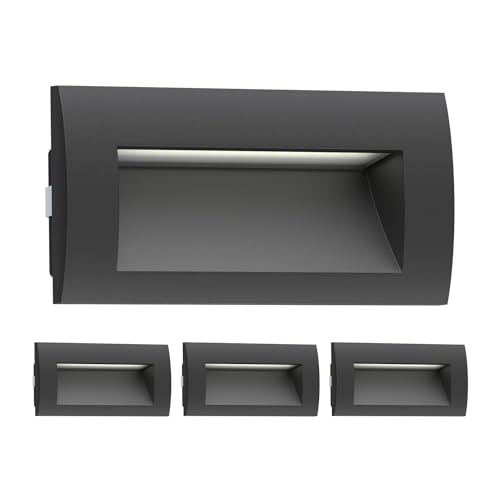 ledscom.de 4 Stück LED Wandeinbauleuchte ZIBAL, Downlight für außen, IP65, schwarz matt, 140 x 70mm, 3,3 W, 223lm, kaltweiß von ledscom.de