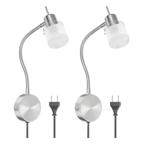 ledscom.de 2 Stück Leselampe/Wandleuchte MIRAS, Schwanenhals, Schalter, Stecker, edelstahl matt, 1x GU10 max. 25W von ledscom.de