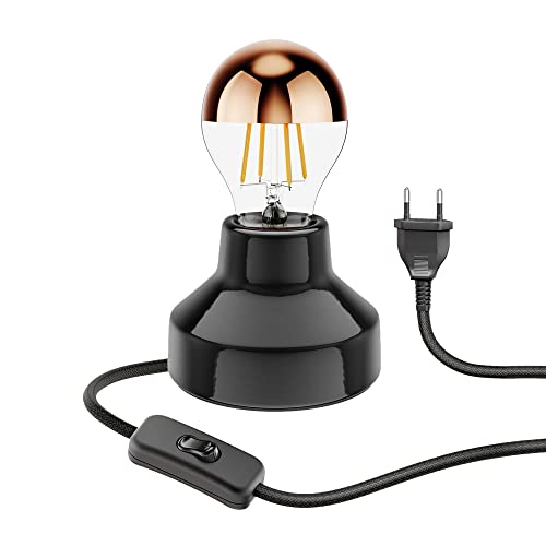 ledscom.de Porzellan Tischlampe TIX, rund, Stecker, Schalter, schwarz + LED Lampe, 839lm, warmweiß von ledscom.de