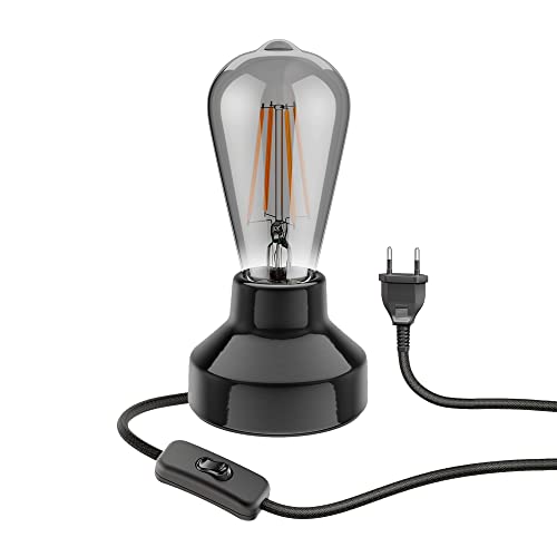 ledscom.de Porzellan Tischlampe TIX, rund, Stecker, Schalter, schwarz + LED Lampe 240lm, extra-warmweiß von ledscom.de