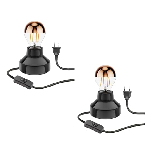 ledscom.de 2 Stück Porzellan Tischlampe TIX, rund, Stecker, Schalter, schwarz + LED Lampe, 839lm, warmweiß von ledscom.de