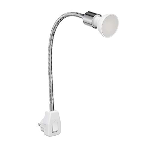 ledscom.de Steckdosenlampe LESCH Leselampe Schwanenhals, Schalter, Chrom inkl. GU10 LED Lampe 4,888W 450lm 100° weiß von ledscom.de