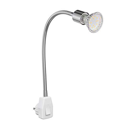 ledscom.de Steckdosenlampe LESCH Leselampe Schwanenhals, Schalter, Chrom inkl. GU10 LED Lampe PAR2,339W 227lm 110° warm-weiß von ledscom.de