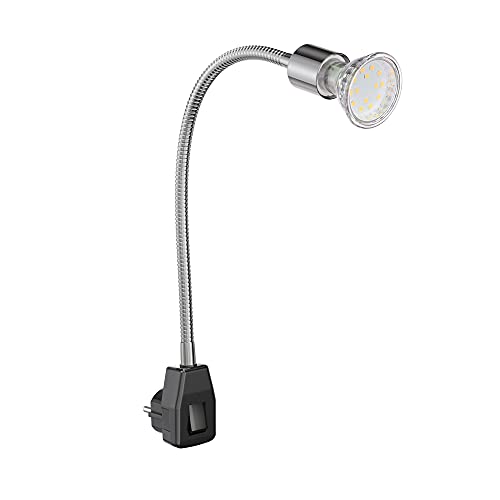 ledscom.de Steckdosenlampe LESCH Leselampe Schwanenhals, Schalter, chrom/schwarz + LED Lampe 206lm weiß von ledscom.de