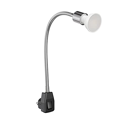 ledscom.de Steckdosenlampe LESCH Leselampe Schwanenhals Schalter chrom/schwarz + LED Lampe weiß 3-Stufen Dimmen: max. 609lm von ledscom.de