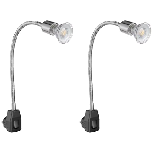 ledscom.de 2 Stück Steckdosenlampe LESCH Leselampe Schwanenhals, Schalter, chrom/schwarz + LED Lampe 510lm 50° warm-weiß von ledscom.de