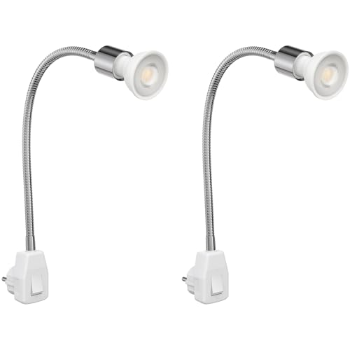 ledscom.de 2 Stück Steckdosenlampe LESCH Leselampe Schwanenhals, Schalter, Chrom inkl. GU10 LED Reflektorlampe 5,473W 468lm 30° warm-weiß von ledscom.de