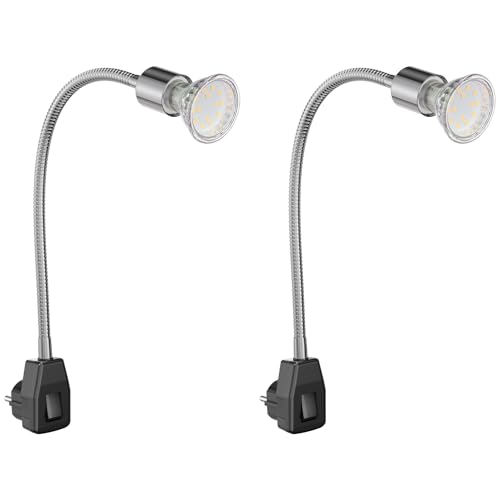 ledscom.de 2 Stück Steckdosenlampe LESCH Leselampe Schwanenhals, Schalter, chrom/schwarz + LED Lampe 227lm warm-weiß von ledscom.de