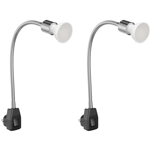ledscom.de 2 Stück Steckdosenlampe LESCH Leselampe Schwanenhals Schalter chrom/schwarz + LED Lampe warmweiß 3-Stufen Dimmen: max. 500lm von ledscom.de