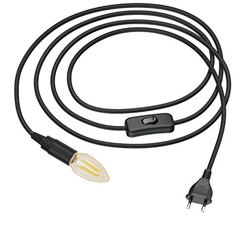 ledscom.de Textilkabel LEHA mit Stecker und Schalter schwarz 3 m inkl. E14 LED Lampe 4,1W 458lm, extra-warmweiß von ledscom.de