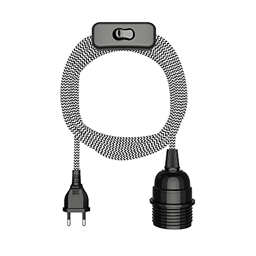ledscom.de Textilkabel LEKA, Stecker, Schalter, schwarz, weiß, gezackt, 3 m, Lampen-Fassung, 1x E27 max. 60W von ledscom.de
