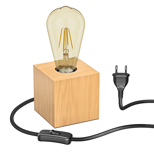 ledscom.de Tischlampe HITO, Holz massiv, eckig, inkl. E27 Lampe Retro gold extra-warmweiß 489lm von ledscom.de