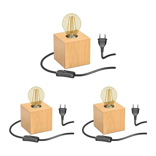 ledscom.de 3 Stück Tischlampe HITO, Holz massiv, eckig, inkl. E27 Lampe gold max. 778lm, 3-Stufen dimmen, extra-warmweiß von ledscom.de