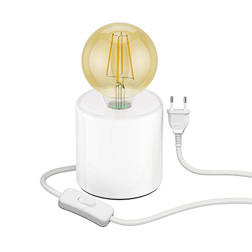 ledscom.de Tischlampe TIPO Porzellan rund weiß + LED Lampe gold max. 818lm, 3-Stufen dimmen, extra-warmweiß von ledscom.de