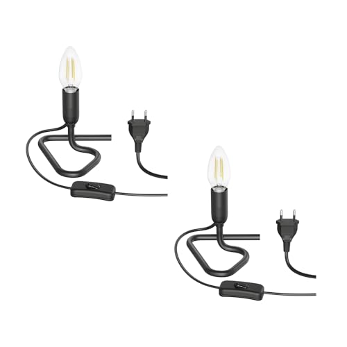 ledscom.de 2 Stück Tischlampe TRIN schwarz mit Stecker und Schalter + E14 LED Lampe 452lm warmweiß von ledscom.de