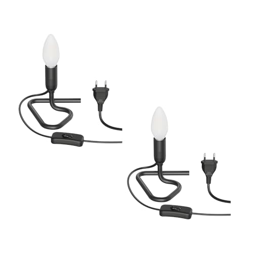 ledscom.de 2 Stück Tischlampe TRIN schwarz mit Stecker und Schalter inkl. E14 Lampe 424lm frosted warmweiß von ledscom.de