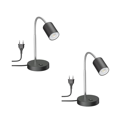ledscom.de 2 Stück Tischleuchte WAIKA mit Schwanenhals und Schalter schwarz matt, inkl. GU10 LED Lampe (warmweiß, 5,4W, 510lm, 50°) von ledscom.de