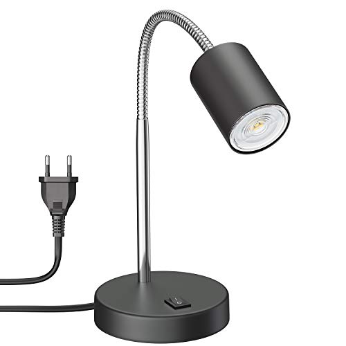 ledscom.de Tischleuchte WAIKA mit Schwanenhals und Schalter schwarz matt, inkl. GU10 LED Lampe (warmweiß, 5,4W, 510lm, 50°) von ledscom.de