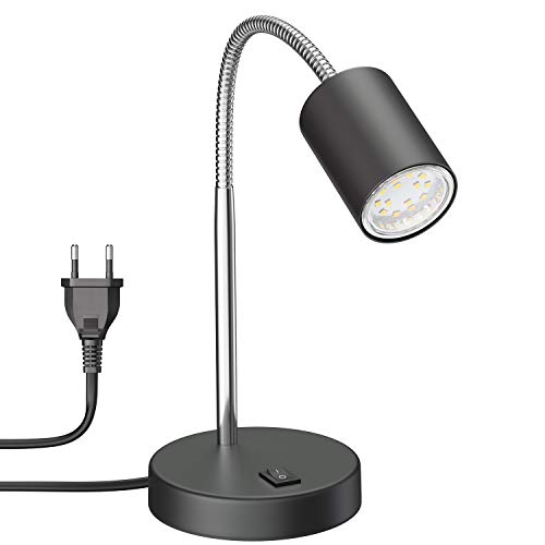 ledscom.de Tischleuchte WAIKA mit Schwanenhals und Schalter schwarz matt, inkl. GU10 LED Lampe (warmweiß, 2,339W, 227lm, 110°) von ledscom.de