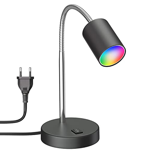 ledscom.de Tischleuchte WAIKA mit Schwanenhals und Schalter schwarz matt, inkl. Smart Home RGBW GU10 LED Lampe, 5,41W, 473lm von ledscom.de