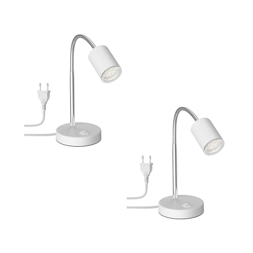 ledscom.de 2 Stück Tischleuchte WAIKA mit Schwanenhals und Schalter weiß matt, inkl. GU10 LED Lampe (warmweiß, 2,339W, 227lm, 110°) von ledscom.de