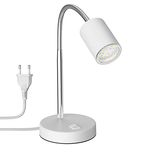 ledscom.de Tischleuchte WAIKA mit Schwanenhals und Schalter weiß matt, inkl. GU10 LED Lampe (warmweiß, 2,339W, 227lm, 110°) von ledscom.de