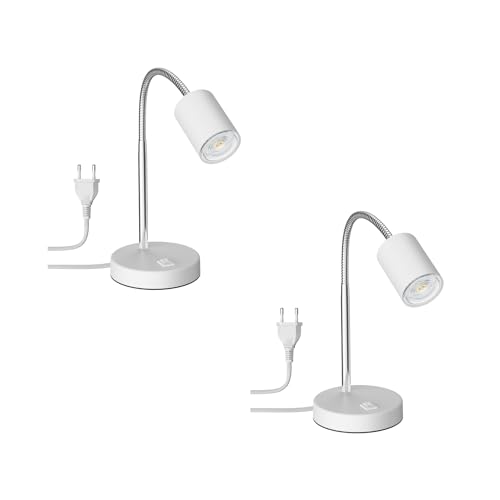 ledscom.de 2 Stück Tischleuchte WAIKA mit Schwanenhals und Schalter weiß matt, inkl. GU10 LED Lampe (warmweiß, 5,4W, 510lm, 50°) von ledscom.de