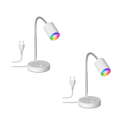 ledscom.de 2 Stück Tischleuchte WAIKA mit Schwanenhals und Schalter weiß matt, inkl. Smart Home RGBW GU10 LED Lampe, 5,41W, 473lm von ledscom.de