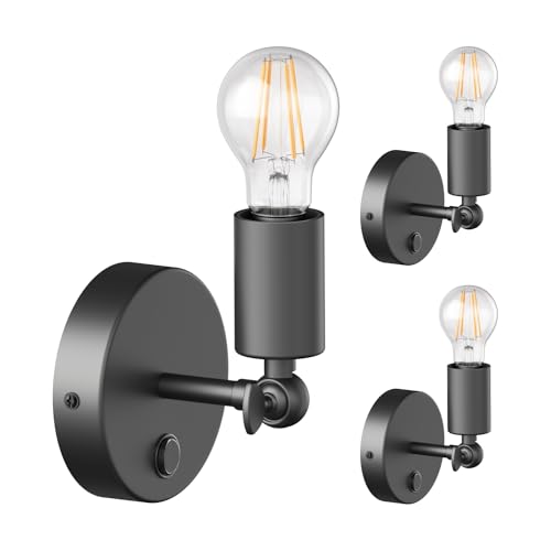 ledscom.de 3 Stück Vintage E27 Wand-Leuchte FETRO mit Schalter, schwarz, schwenkbar, inkl. E27 Lampe (warmweiß, max. 963lm) 3-Stufen-Dimmen von ledscom.de