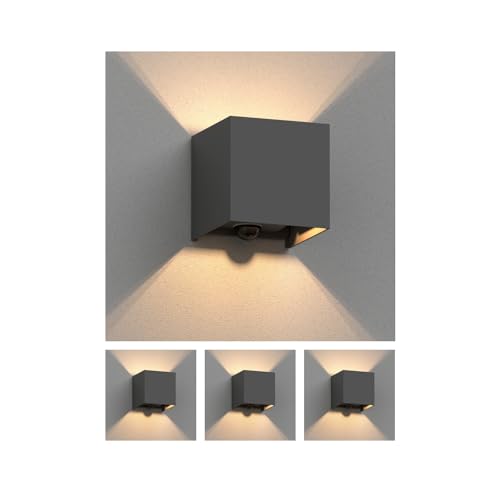 ledscom.de 4 Stück Wandleuchte CUBEL, Bewegungsmelder, für außen, anthrazit, IP65, Up & Downlight + LED Lampe 501lm, warmweiß von ledscom.de