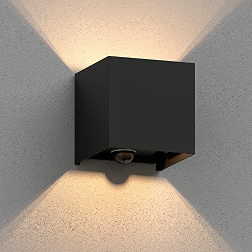 ledscom.de Wandleuchte CUBEL, Bewegungsmelder, für außen, schwarz, IP65, Up & Downlight + LED Lampe 501lm, warmweiß von ledscom.de