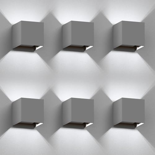 ledscom.de 6 Stück Wandleuchte CUBEL für außen, grau, IP65, Up & Downlight, quadratisch + LED Lampe 596lm, weiß von ledscom.de