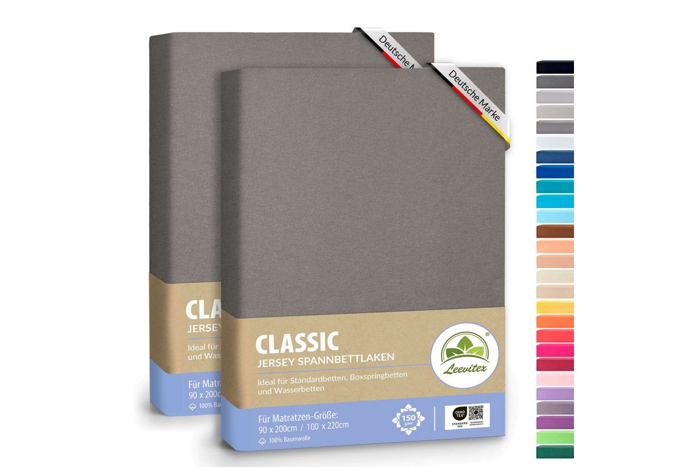 leevitex® Spannbettlaken Spannbettlaken Graphit / Grau 2er Pack 90x200 - 100x220, Mako-Jersey, Gummizug: rundum, (2 Stück), Oeko-Tex Standard 100 zertifiziert von leevitex®