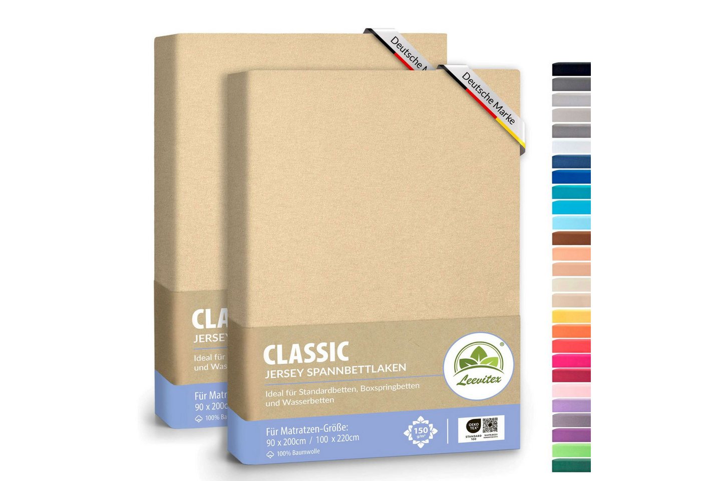 leevitex® Spannbettlaken Spannbettlaken Düne / Sand 2er Pack 90x200 - 100x220, Mako-Jersey, Gummizug: rundum, (2 Stück), OEKO-TEX® STANDARD 100 zertifiziert von leevitex®