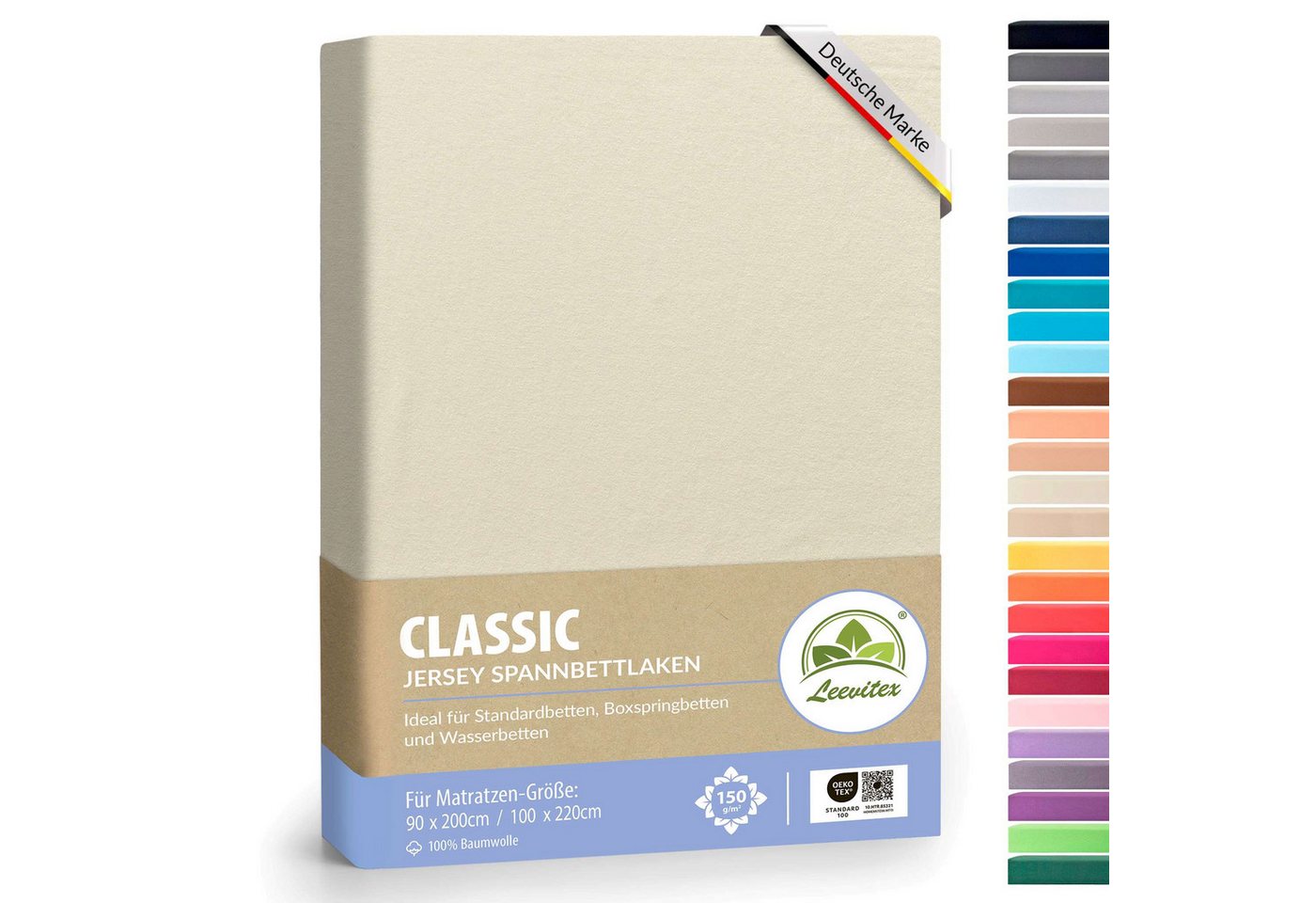 leevitex® Spannbettlaken Spannbettlaken Naturweiß / Creme 1er Pack 90x200 - 100x220, Mako-Jersey, Gummizug: rundum, (1 Stück), OEKO-TEX® STANDARD 100 zertifiziert von leevitex®