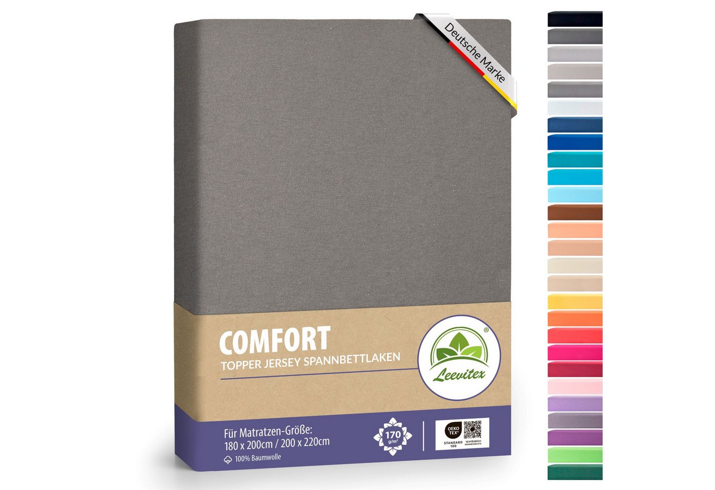 leevitex® Spannbettlaken für Topper 180x200–200x220 cm – schwerer Jersey, weich & pflegeleicht, Gummizug: rundum, extra schwere Ausführung, 180x200 - 200x220 cm, 100% Mako-Baumwolle von leevitex®
