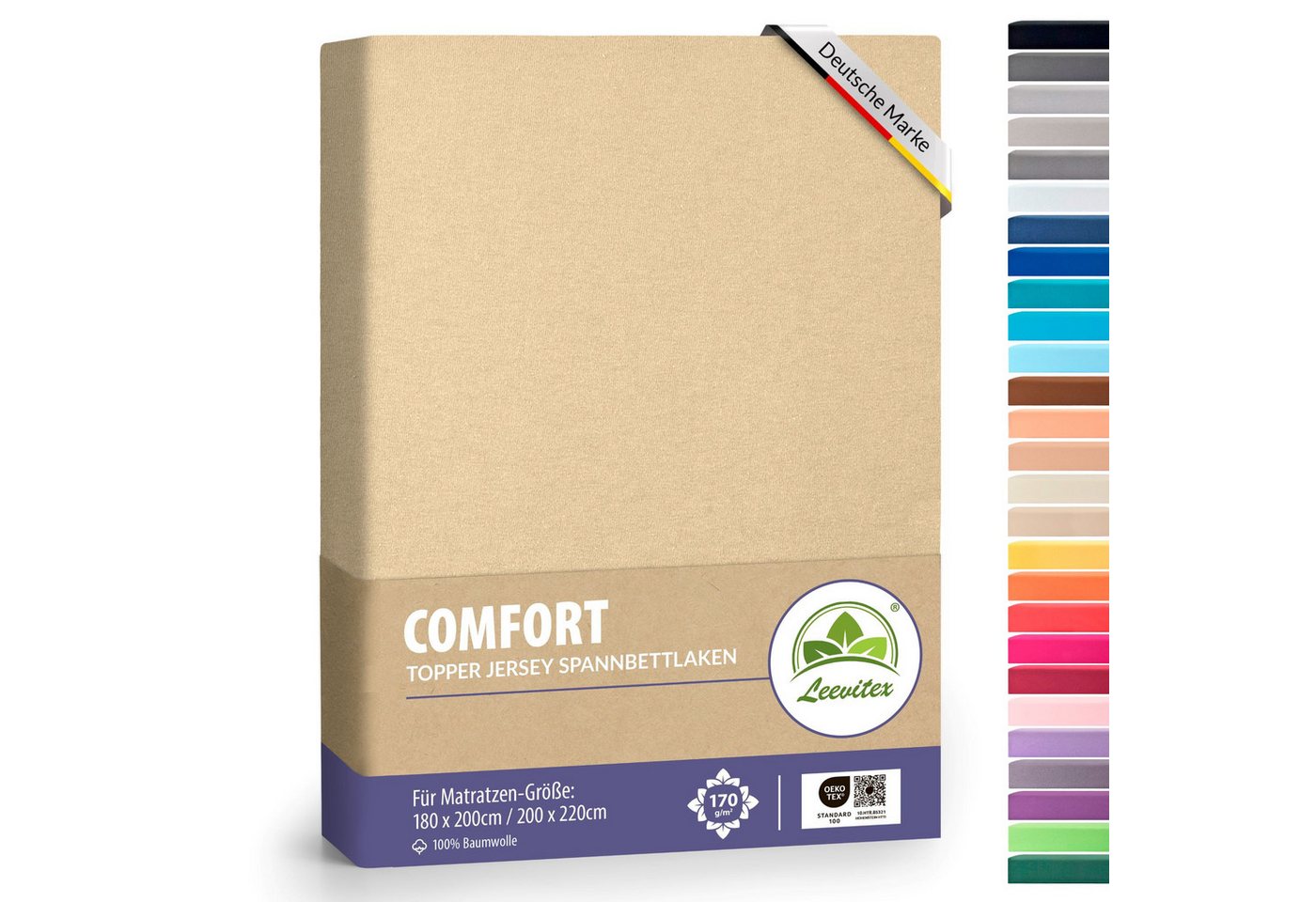 leevitex® Spannbettlaken für Topper 180x200–200x220 cm – schwerer Jersey, weich & pflegeleicht, Gummizug: rundum, extra schwere Ausführung, 180x200 - 200x220 cm, 100% Mako-Baumwolle von leevitex®