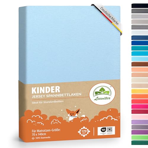 leevitex® Premium Kinder Spannbettlaken | 1 Spannbetttuch | für Babybett & Kinderbett 70 x 140 cm | 100% hochwertige Mako-Jersey-Baumwolle - 170 g/m² | Öko-Tex | Hellblau/Himmelblau von leevitex